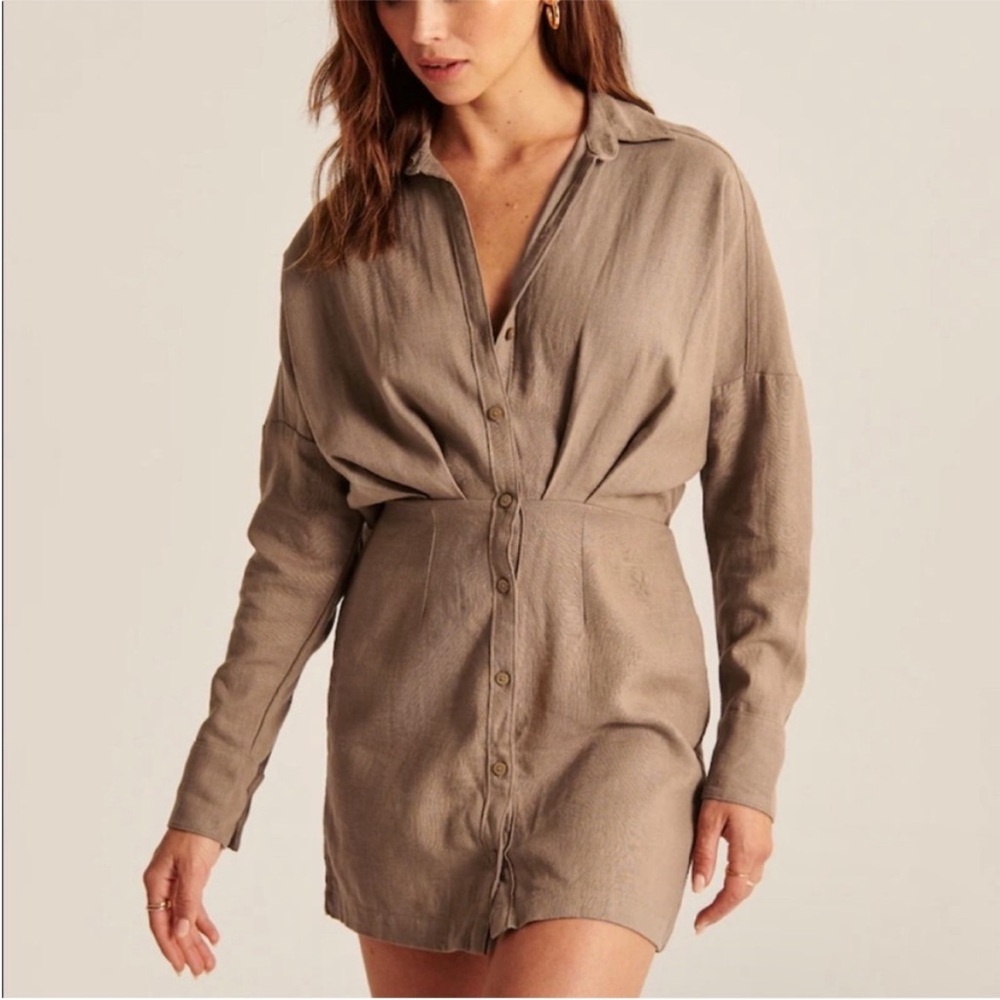 Abercrombie & Fitch Taupe Button-Front Long Sleeve Shirt Dress